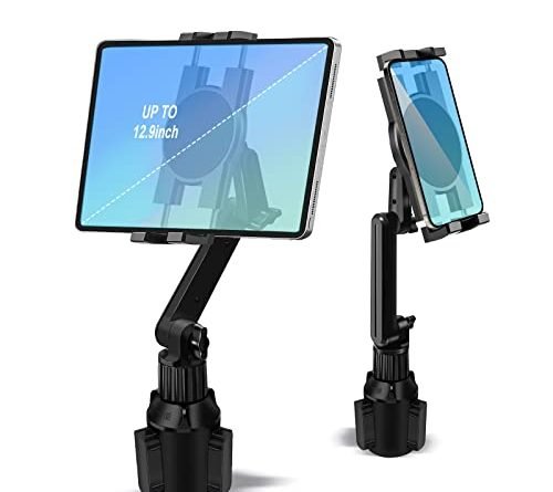 Cup Holder Car Tablet Mount for Truck, 360° Adjustable 15" Long 2-Arm Stand Holder for iPad Pro 12.9/11/10.5/9.7/Air/Mini 6/5/4, Samsung Galaxy Tab/Z Fold 4/3, iPhone 15/14/Pro, 4.7-12.9" Tab &Phone