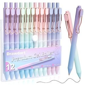 Drawdart Gel Pens, 12 Pcs Smooth Writing Pens No Bleed & Smear, Black Ink Cute Pens Fine Point (0.5mm), Retractable Aesthetic Journaling Pens School Office Supplies for Women & Men