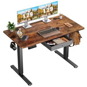 Electric Standing Desk with Drawer 48 x 24 Inches Stand up Desk with Storage Height Adjustable Desk Sit Stand Desk Black Frame/Brown Desktop Ergonomic Rising Desk Computer Workstation for Home Office