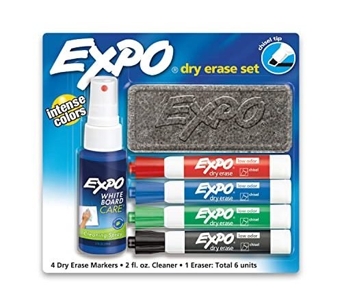 EXPO Low Odor Dry Erase Marker Starter Set, Chisel Tip Whiteboard Markers Set and Whiteboard Eraser, Cleaning Spray, Holiday Teacher Gifts, Stocking Stuffer, Assorted Colors, 6 Count