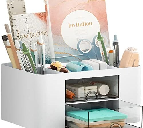 Marbrasse Pen Organizer with 2 Drawer, Multi-Functional Pencil Holder for Desk, Desk Organizers and Accessories with 5 Compartments + Drawer for Office Art Supplies (White)