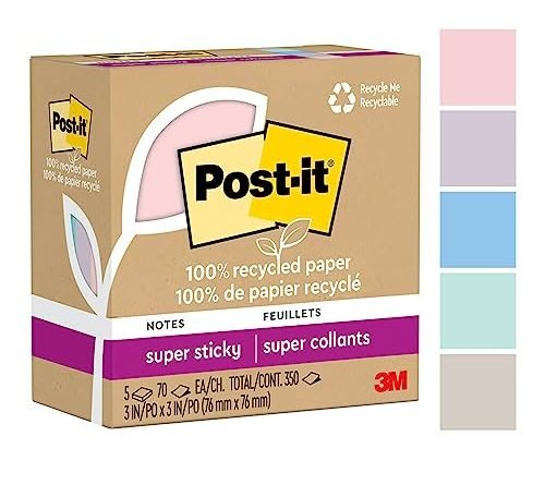 Post-it 100% Recycled Paper Super Sticky Notes, 2X The Sticking Power, 3x3 in, 5 Pads, 70 Sheets/Pad, Wanderlust Pastels Collection (654R-5SSNRP)